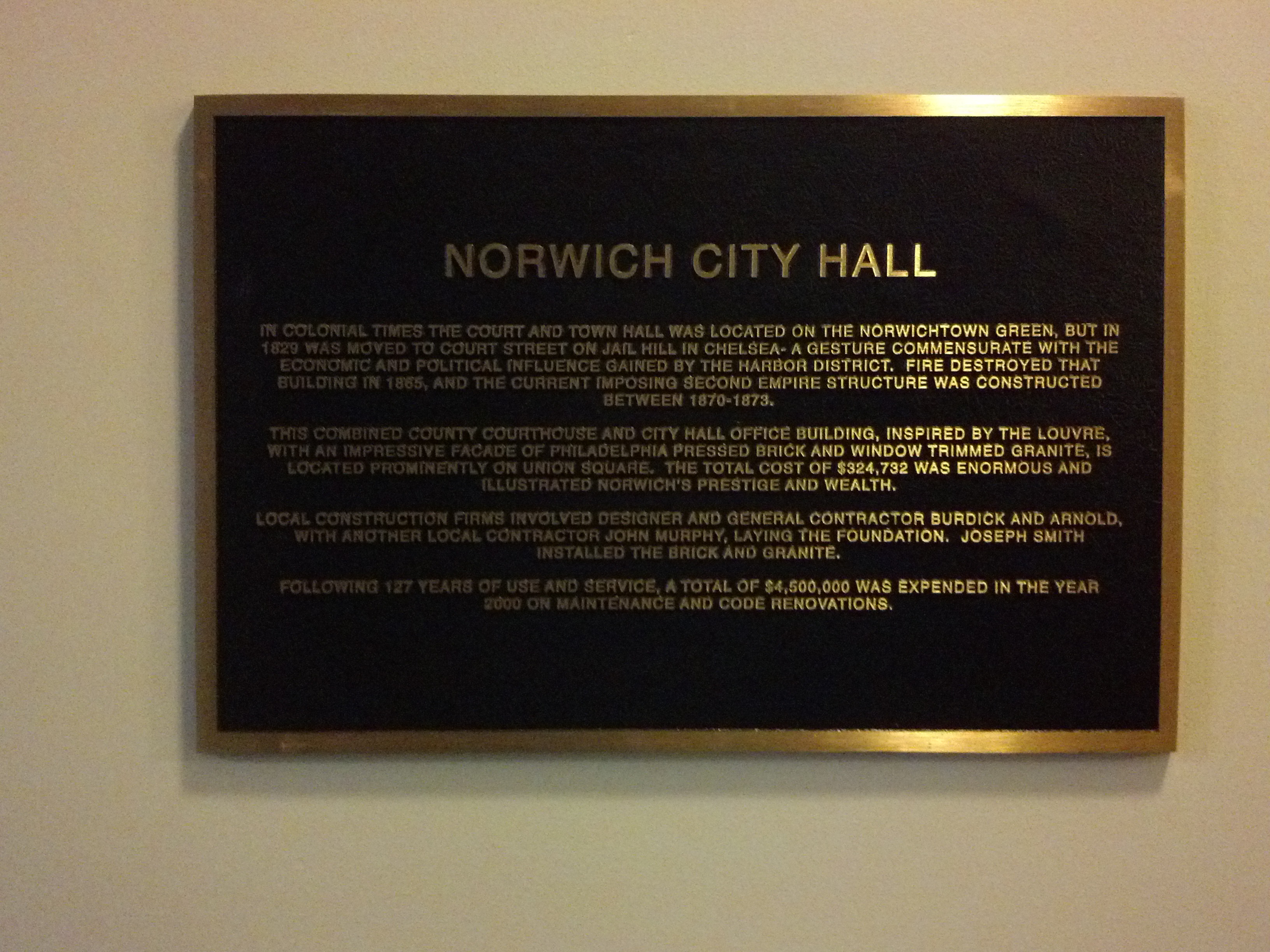 Plaque Describing History of City Hall